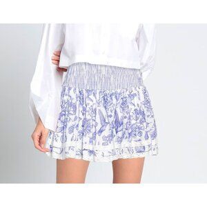 PLACE NATIONALE Linen Mini Skirt White Blue Floral Lace Trims Size 2